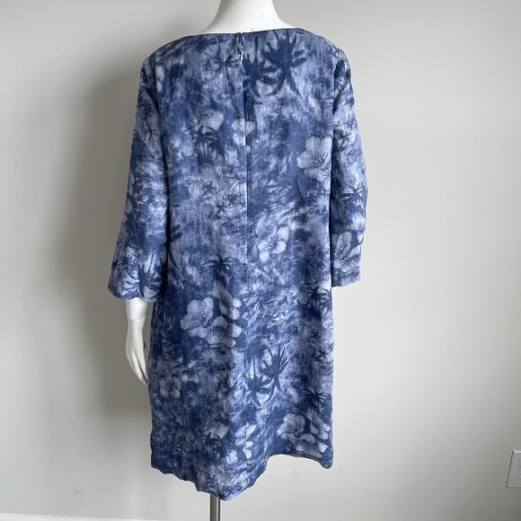 J Jill 3/4 Sleeves 100% Linen Shift Dress 10 Blue Hawaiian Tropical Palm Floral - Picture 7 of 15